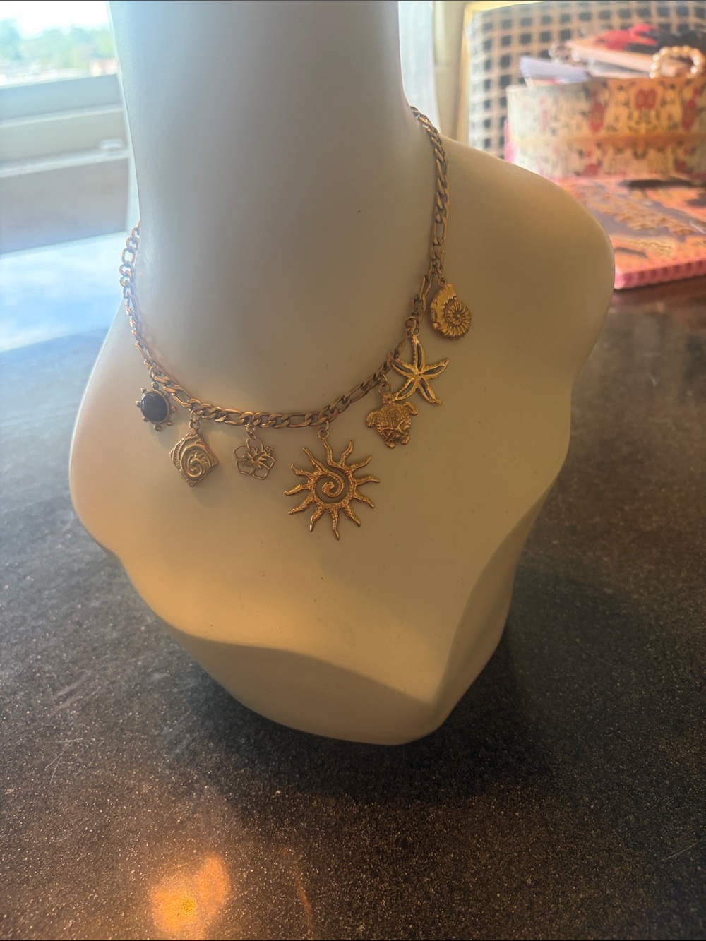 Gold Charm Necklace with Sun & Sea Motifs - Women's Jewelry